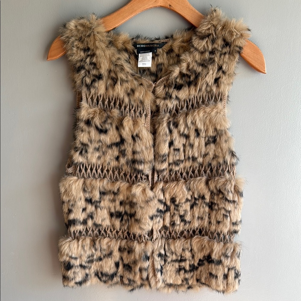 BCBGMaxAzria Tan Leopard-Print Rabbit Fur Vest